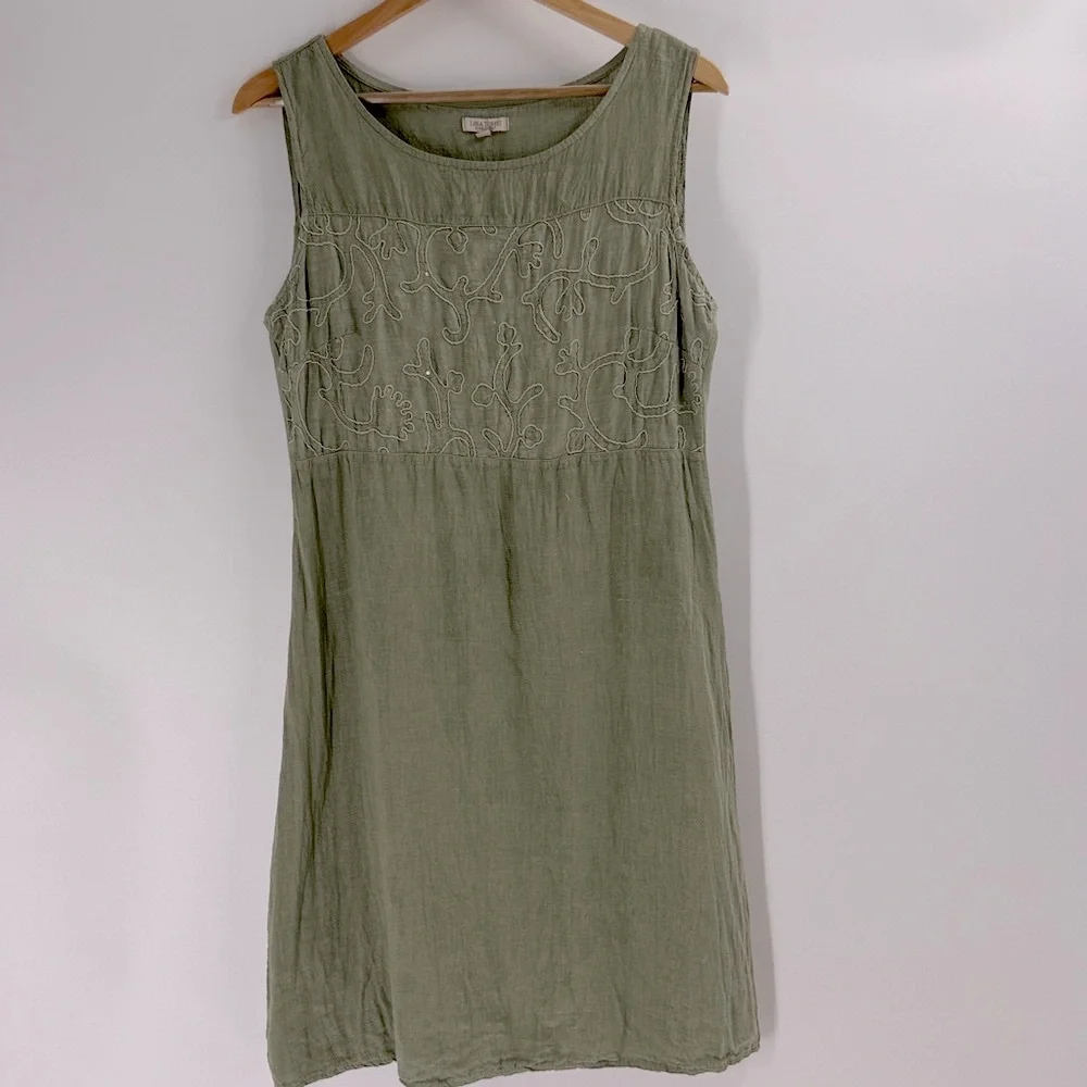 Lana Tomei Linen dress made in Italy sleeveless embroidered sage green classic